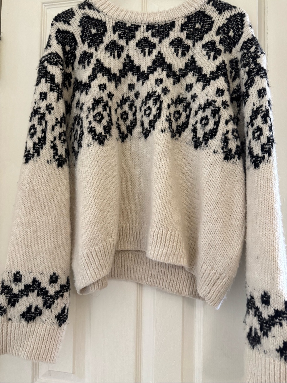 H&M Ivory and Black Fair Isle Crewneck Sweater